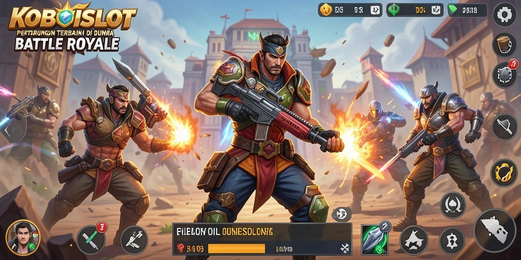 Screenshot menunjukkan aksi intense di dunia KOBOISLOT Battle Royale.