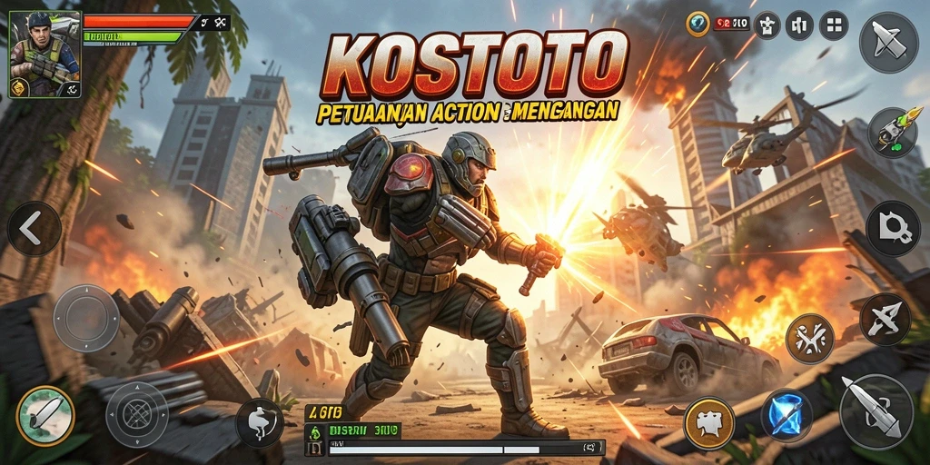 Tampilan aksi mendebarkan dalam KOSTOTO saat menghadapi musuh di medan perang.
