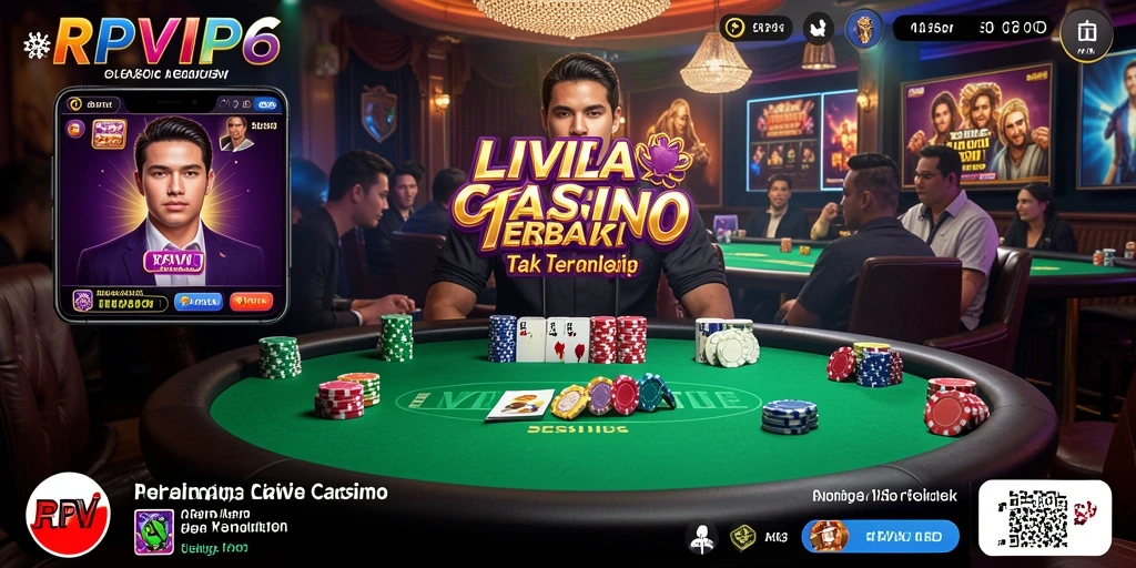Screenshot gameplay RPVIP6 yang menunjukkan dealer langsung di meja casino.