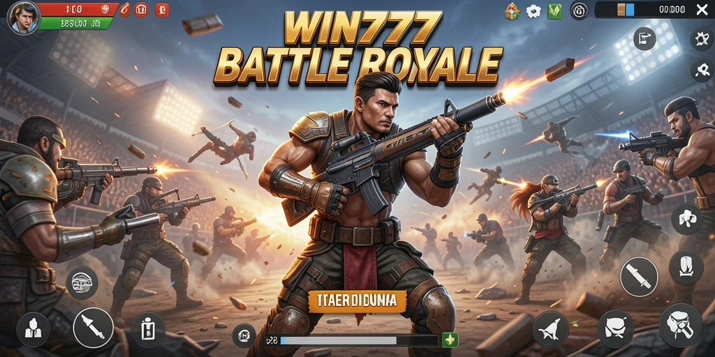 Tangkapan layar gameplay WIN777 yang intens dalam pertempuran Battle Royale.